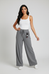 Gray wide-leg pants with a drawstring waist