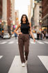 High-waisted, wide-leg, fleece cargo sweatpants in Coffee