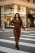 Brown corduroy cargo jumpsuit.